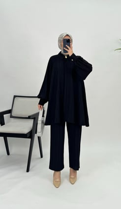 9599-nada kumaş- bol paça pantolonlu tunik takım-siyah