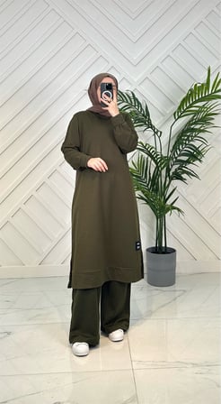 7894-G81- iki iplik kumaş tunik takım Haki