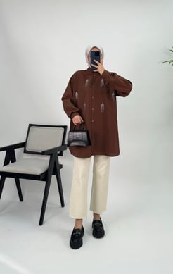 2224-terikoton kumaş-önleri taş detaylı tunik-acı kahve