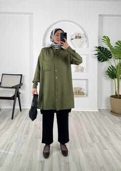 2511 Melanj keten kumaş cepli gömlek çağla yeşili