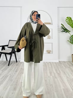 8235-terikoton kumaş-önden bağlamalı kimono-haki