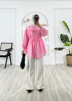 6723-poplin kumaş-kendinden büzgülü bağlama detaylı gömlek-pembe