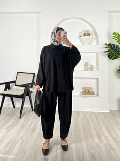 2660-oysho kumaş-şalvar model pantolonlu takım-siyah
