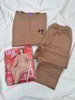 Ç0980 Raporlu Uzun Kollu Pijama Takımı- kiremit