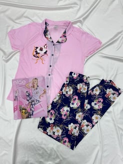 Ç1060 - KISA KOLLU GÖMLEK YAKA ÇİÇEKLİ PIJAMA TAKIMI - PEMBE / LACIVERT