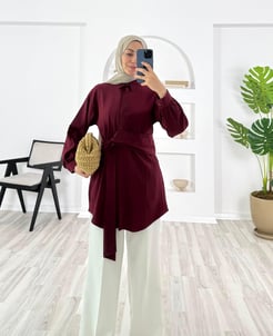 4790-nada kumaş-kendinden kemerli gömlek-bordo
