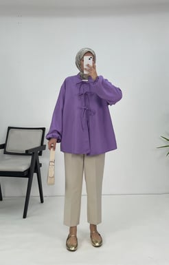 8631-kırışık kumaş-bilek ucu büzgülü önden bağlamalı kimono-lila