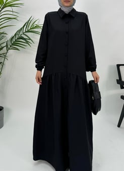 6641-poplin kumaş boydan düğmeli elbise siyah