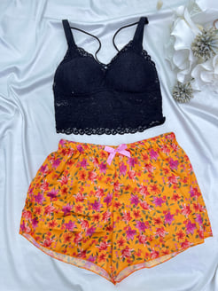 Ç028 - SATEN ŞORTLU BRALET TAKIM ÇİÇEKLİ - TURUNCU