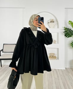 6247-terikoton kumaş-bilek ucu büzgülü önden bağlamalı kimono-siyah
