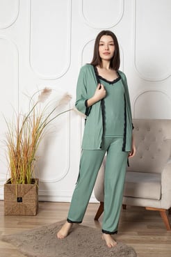 Ç8070 - DANTEL DETAYLI 3LÜ PIJAMA TAKIMI SETİ - SU YEŞİLİ  