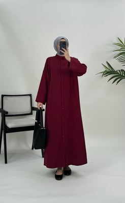 5416-dabıl kumaş-takma manşet boydan düğmeli elbise-bordo