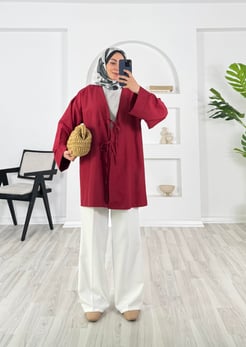8235-terikoton kumaş-önden bağlamalı kimono-bordo