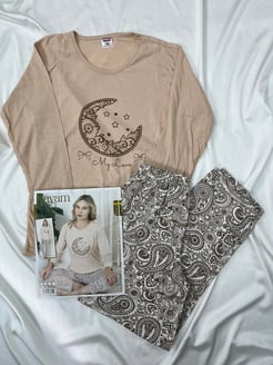 Ç1242 - UZUN KOLLU MY LOVE PIJAMA TAKIMI - SUTLU KAHVE 