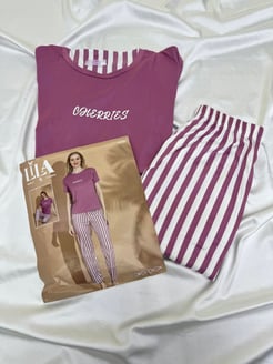 ç14389  - kısa kollu çizgili pijama takımı - gül kurusu 