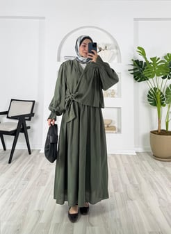 6468-bali kumaş-kol lastikli önden bağlamalı etekli kimono takım-yeşil