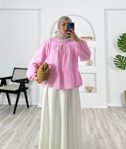 4531-müslin kumaş-önden bağlamalı ve düğmeli kimono-pembe