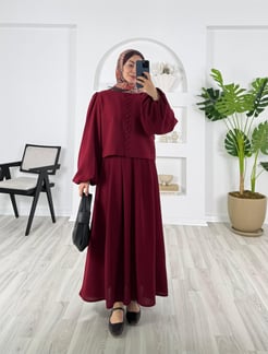 4664-krep kumaş-boydan düğmeli mevlana etekli takım-bordo