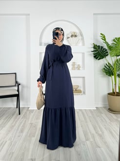 9638-belmando kumaş-bilek ucu büzgülü kemerli elbise-lacivert