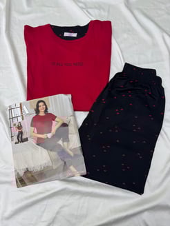 ç14415 - kısa kollu kalpli pijama takımı - bordo 