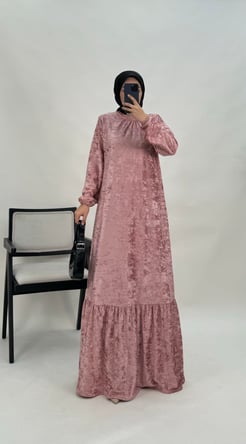 6143-inci kadife kumaş-bilek ucu büzgülü etek kısmı fırfırlı elbise-toz pembe