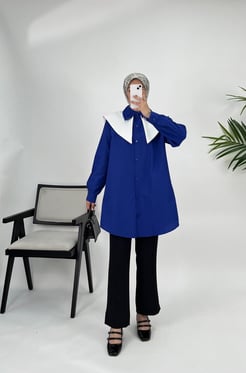 3149-terikoton kumaş-boydan düğmeli yakalı tunik-saks mavi