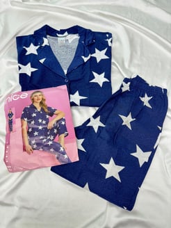 Ç14268 - rotasyon kumaş gömlek yaka yıldızlı kısa kollu pijama takımı - lacivert 