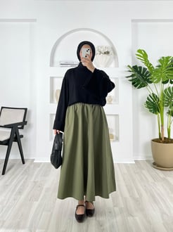 5298-poplin kumaş-beli lastikli cep detaylı etek-yeşil