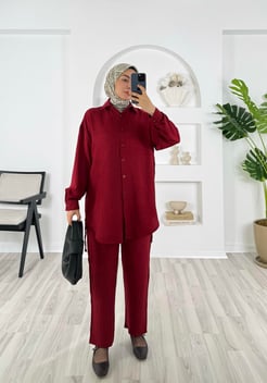 8204 B136 YANI+Keten Kumaş Yanı İp Büzgülü Pantolonlu Takım bordo