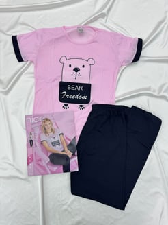 Ç1006 - KISA KOLLU PIJAMA TAKIMI - PEMBE / SIYAH