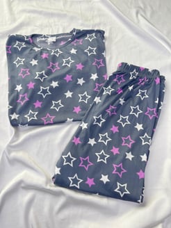 Ç8957-milan kumaş kısa kollu pijama takımı-gri yıldız desenli 