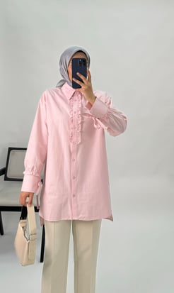 6949 - POPLİN KUMAŞ ÖNÜ FIRFIRLI TUNIK - PUDRA  