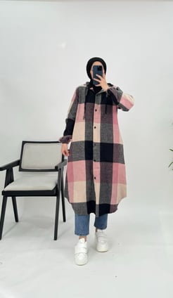 2134 N432+ekose oduncu kumaş kapüşonlu uzun tunik - Toz Pembe 