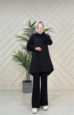 1066- C86 Bebe Yaka Kolları Büzgülü Kol Ucu Lastikli Terikoton Kumaş Tunik siyah