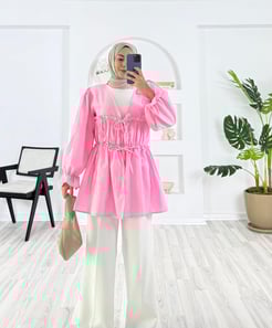 4182-poplin kumaş-önden bağlamalı bilek ucu lastikli kimono-toz pembe
