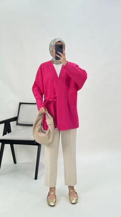 7854-kırışık kumaş-önden bağlamalı kimono-fuşya
