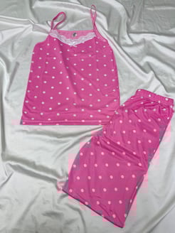 Ç513 - milan kumaş ip askılı pantolonlu puantiyeli pijama takımı -pembe 