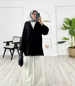 3260-dabıl krep kumaş-yanı yırtmaçlı kimono ceket-siyah