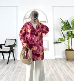 7208-lilium kumaş-batik desenli yandan bağlamalı kimono-fuşya