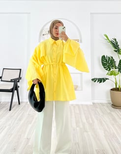 1308 poplin kumaş kolları fırfırlı beli baglamalı gömlek - sarı