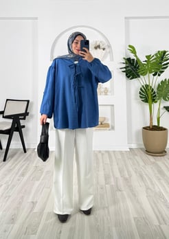 6586-elfida kumaş-önden bağlamalı kimono-mavi