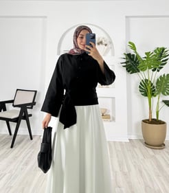 6317-terikoton kumaş-belden bağlamalı etek üstü gömlek-siyah