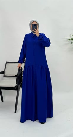 6641-poplin kumaş boydan düğmeli elbise saks mavi