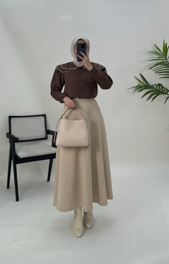 5194-terikoton kumaş-yaka detaylı gömlek-acı kahve 