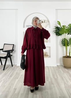 1082-keten kumaş-fırfır detaylı etekli takım-bordo