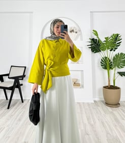 6317-terikoton kumaş-belden bağlamalı etek üstü gömlek-yağ yeşili