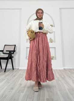 3483-kırışık kumaş-beli lastikli etek-pudra