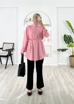 6647-dubai kumaş-gizli düğmeli kemerli tunik-pembe
