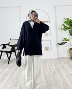 3260-dabıl krep kumaş-yanı yırtmaçlı kimono ceket-lacivert
