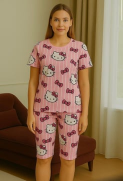 Ç1078 - kısa kollu kapri milan kumaş hello kity pijama takımı - pembe 